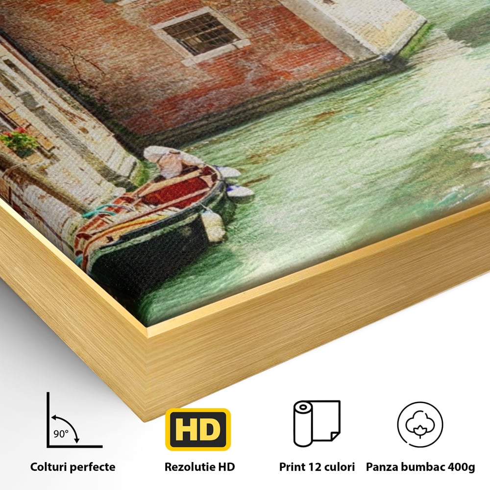 Detaliu al suprafetei: tablou canvas cu peisaj din venetia, in rama de aluminiu auriu